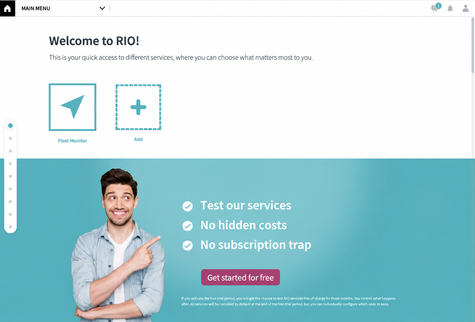 RIO Startseite mit Banner zur kostenlosen Testphase